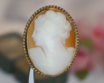 May include: A gold-toned cameo brooch featuring a white cameo carving of a woman's profile. The cameo is set in a gold-toned oval frame with a rope-like border.