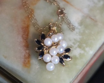 Vintage 9kt gold chain 16" with pearls sapphire and diamond pendant, we pay Duties to US J22