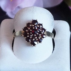 Puede incluir: Un anillo de plata con un grupo de piedras preciosas de color rojo oscuro engastadas en forma de flor.