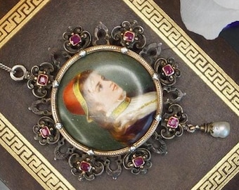 Victorian hand painted portrait locket pendant, Austro-Hungarian locket pendant with rubies, Antique silver locket pendant rare gift, LP6
