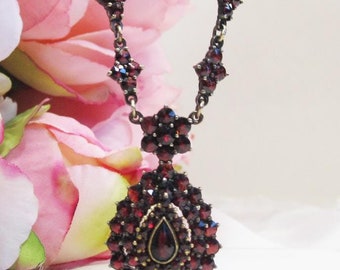 Victorian Bohemian Garnet Silver necklace, Antique natural garnet large necklace, January Birthstone, Fine Antique Jewelry, G131