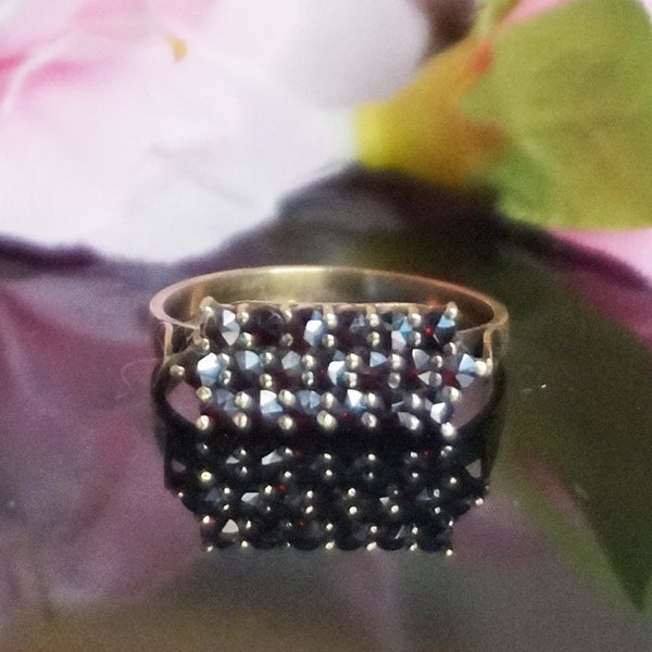 Vintage Boho Granat Silberring, Boho Granat 3reih Ring, Geschenk für sie, Januar Geburtsstein Ohrring, G8
