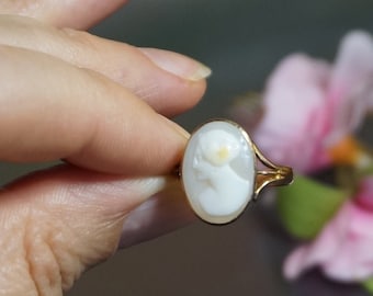 Op de afbeelding: Goudkleurige ring met een ovale camee met een wit reliëf van een vrouwenprofiel. De ring wordt getoond tegen een vage achtergrond met roze bloemen.