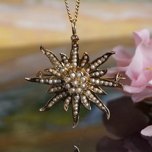 Antique 14kt gold pendant brooch, Victorian 14 k gold starburst pendant/brooch with seed pearls, Victorian Jewelry, Antique gold jewelry,J31