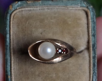 Vintage Pearl & Garnet Art Deco gold Ring, January and June Birthstone jewelry, Anniversary gift Ring, Perfect Gift for Her wife mom J21