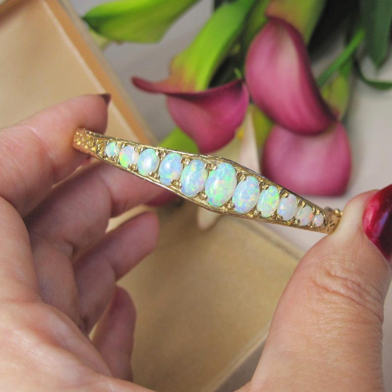 Vintage 10kt Gold Bangle Bracelet & Opals, Certified Bracelet With