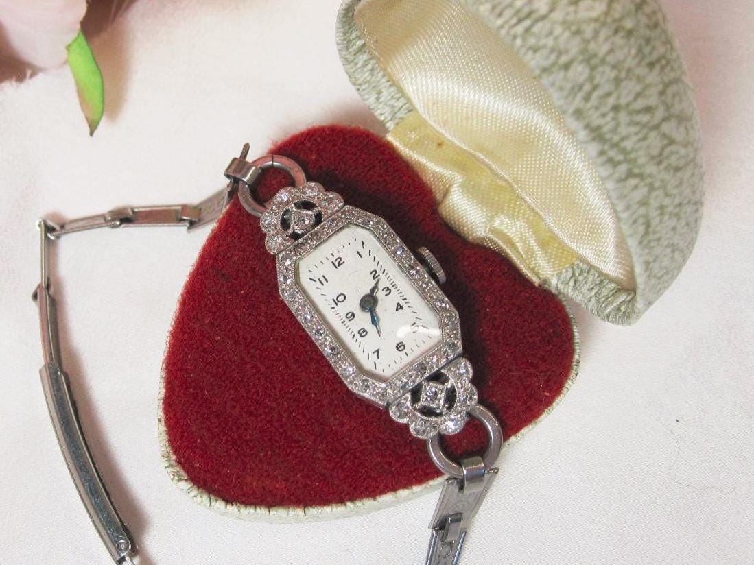 Vintage Art Deco Rhinestone Braided Manual Watch C. 1940 14k White Gold and Diamond Art Deco Hallmark Women main image 2