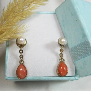 Vintage Italian coral stud earrings 9kt gold & pearl,tear drop shape earrings June- April birthstone, red coral gold earrings, AP18