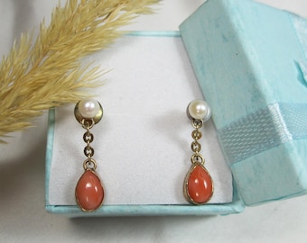 Vintage Italian coral stud earrings 9kt gold & pearl,tear drop shape earrings June- April birthstone, red coral gold earrings, AP18