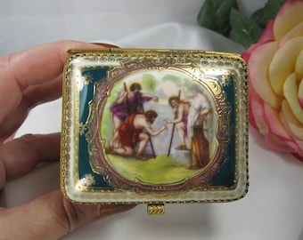 Vintage Pruisisch porseleinen sieradendoosje voor op een dressoir, circa 1940, volledig gedecoreerd verzamelobject, TB453