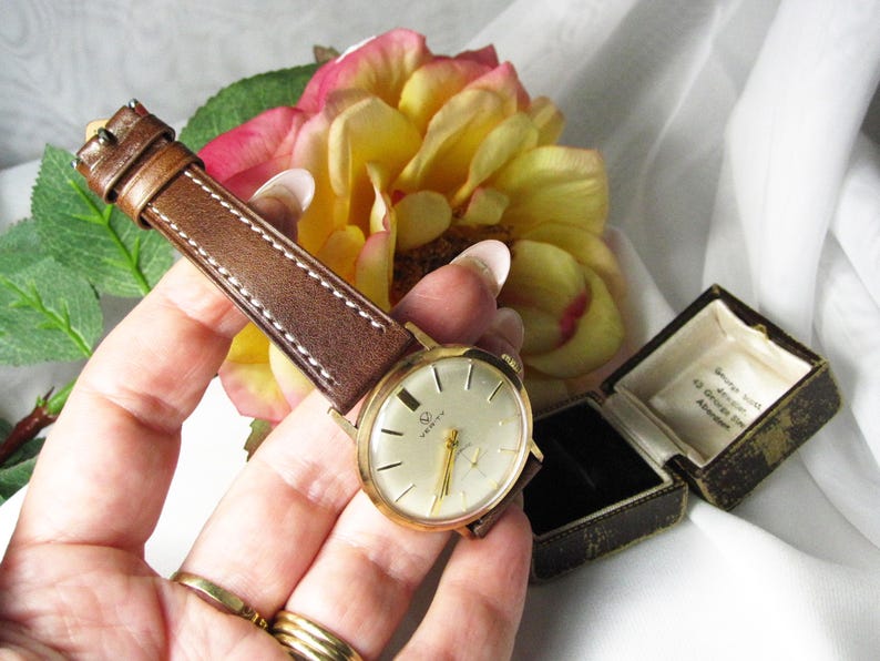 Vintage 9kt gouden herenpolshorloge Verity Incabloc nieuwe leren armband, Zwitsers mechanisch horlogekast, werkende staat, W25 afbeelding 9