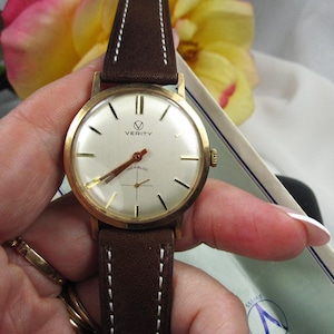 Vintage 9kt gouden herenpolshorloge Verity Incabloc nieuwe leren armband, Zwitsers mechanisch horlogekast, werkende staat, W25 afbeelding 12