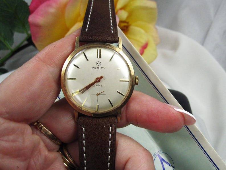 Vintage 9kt gouden herenpolshorloge Verity Incabloc nieuwe leren armband, Zwitsers mechanisch horlogekast, werkende staat, W25 afbeelding 12