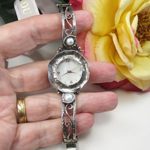 Vintage Silver wrist watch, Shablool Ladies Watch 925 Sterling Silver Vintage Women&#39;s Fashion Jewelry with white pearls, W5