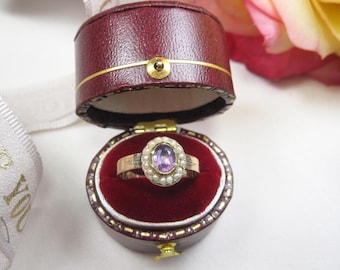 Antique 9kt gold ring with Amethyst & pearl seed, Georgian rose gold Amethyst cluster ring, February birthstone ring, Gift for her, A17
