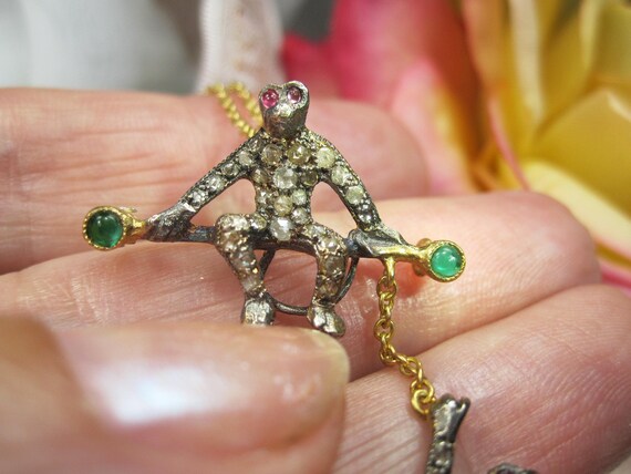 Victorian Diamond, ruby, Emerald Set Monkey Brooc… - image 5
