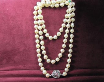 Tidlöst klassiskt antikt art déco handknutet halsband med barockpärlor och rubiner, TB261