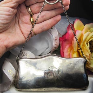Antique English silver purse 1916 sterling silver purse, Evening silver CHATELAINE purse, Unique & special gift, Art Deco silver purse, TLJ9