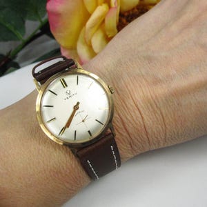 Vintage 9kt gouden herenpolshorloge Verity Incabloc nieuwe leren armband, Zwitsers mechanisch horlogekast, werkende staat, W25 afbeelding 13
