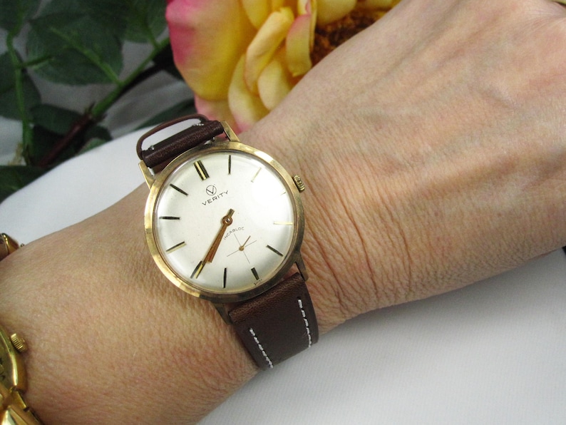 Vintage 9kt gouden herenpolshorloge Verity Incabloc nieuwe leren armband, Zwitsers mechanisch horlogekast, werkende staat, W25 afbeelding 13