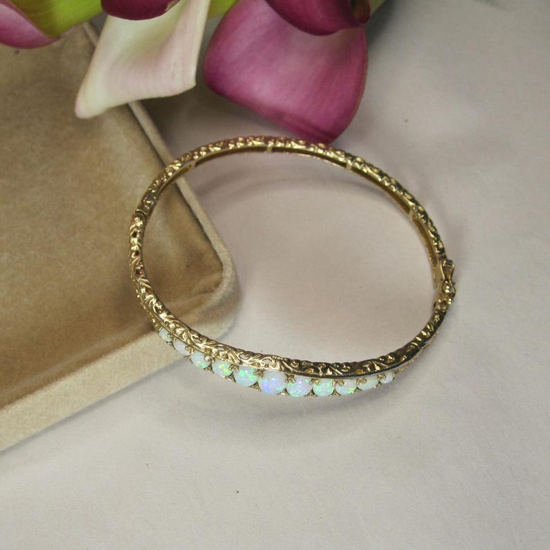 Vintage 10kt Gold Bangle Bracelet & Opals, Certified Bracelet With
