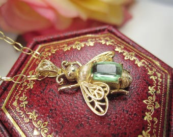 Edwardian Style butterfly 10kt gold pendant, Green Tourmaline insect jewelry, Butterfly  charm for her, Birthstone jewelry, gift idea, N15