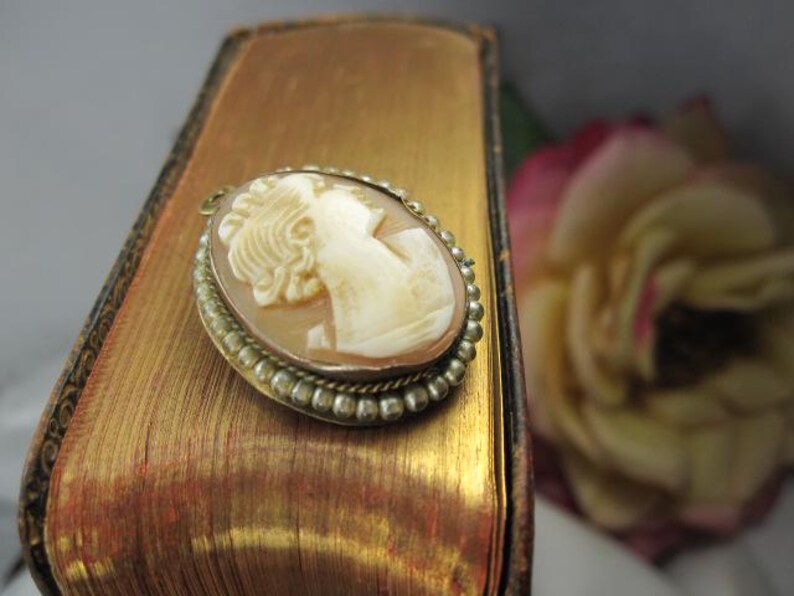 May include: An oval-shaped cameo brooch featuring a carved cream-colored profile of a person against a light brown background. The cameo is set in a metallic frame with a beaded edge and a twisted rope detail, including a small loop at the top.