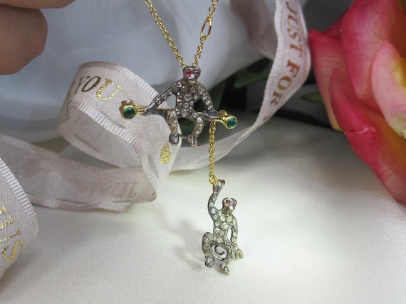 Victorian Diamond, ruby, Emerald Set Monkey Brooc… - image 1