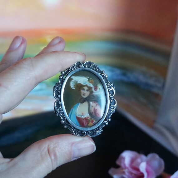 Victorian hand painted portrait of a lady silver … - image 3