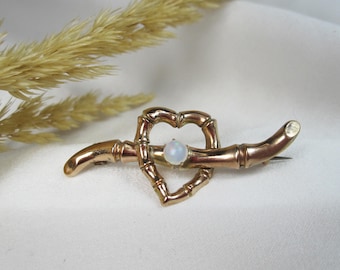Victorian 9kt Gold brooch with crystal opal bamboo style with large heart, Victorian love brooch, Antique opal jewelry, Gift for her, O.1