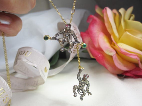 Victorian Diamond, ruby, Emerald Set Monkey Brooc… - image 2