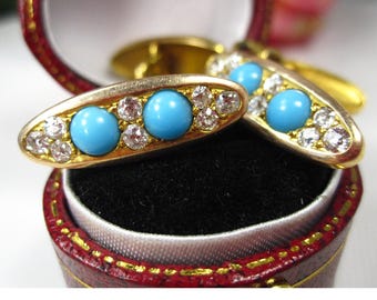 Antique Victorian 18kt Gold Turquoise & Diamonds Cufflinks and Pin Tie, TB2