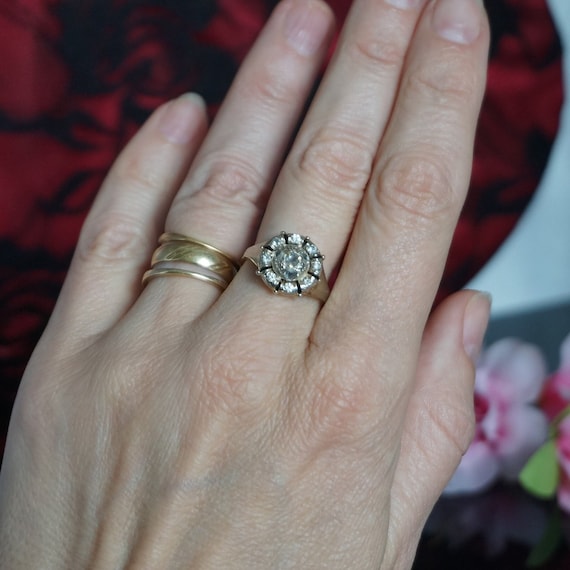Antique rose cut diamond cluster ring, solid 18kt… - image 1
