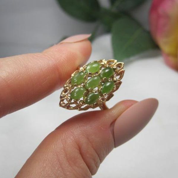 Mid-Century 14kt Gold Filigree & Jade Cluster Ring, Size 6 3/4, Precious Asian Fine Jewelry, TB369