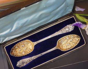 Antique Serving Spoons Set, Chased  Berries spoons, TLJ37
