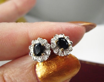 Vintage 9kt Yellow Gold Stud Earrings with Precious Sapphire and Diamonds in Victorian Style, TB47
