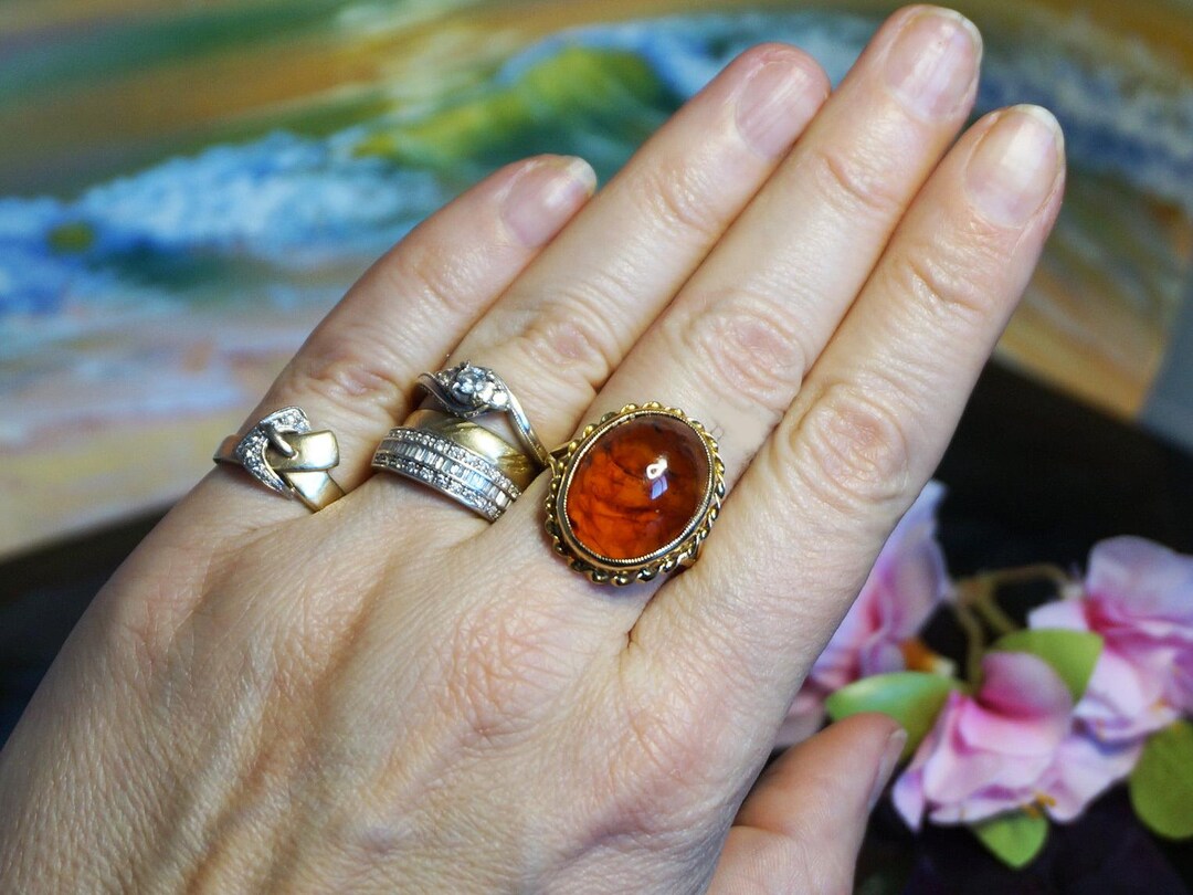 Mid Century 50s Gold Amber Ring, Extra Large Single Stone Amber Ring ...