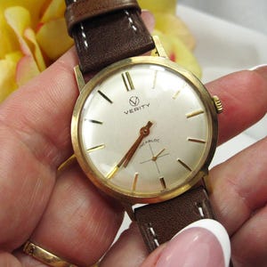 Vintage 9kt gouden herenpolshorloge Verity Incabloc nieuwe leren armband, Zwitsers mechanisch horlogekast, werkende staat, W25 afbeelding 16