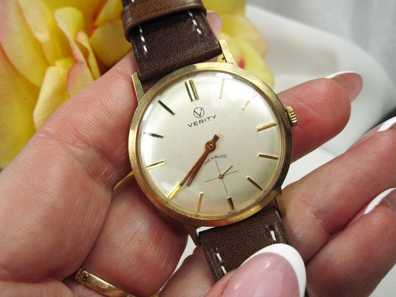 Vintage 9kt gouden herenpolshorloge Verity Incabloc nieuwe leren armband, Zwitsers mechanisch horlogekast, werkende staat, W25 afbeelding 16