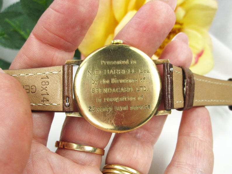 Vintage 9kt gouden herenpolshorloge Verity Incabloc nieuwe leren armband, Zwitsers mechanisch horlogekast, werkende staat, W25 afbeelding 14