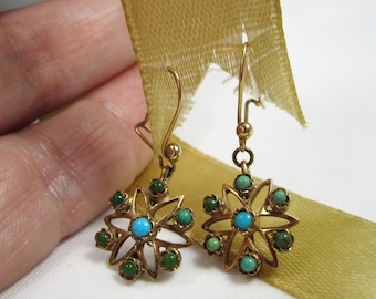 Vintage 9kt Yellow Gold Dangle & Drop Earrings with Blue and Green Turquoises, TB54