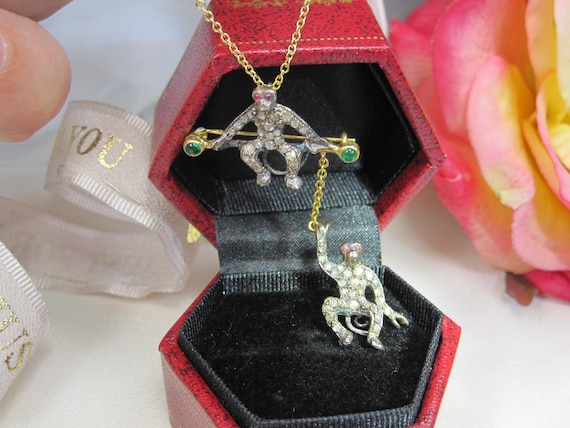 Victorian Diamond, ruby, Emerald Set Monkey Brooc… - image 10