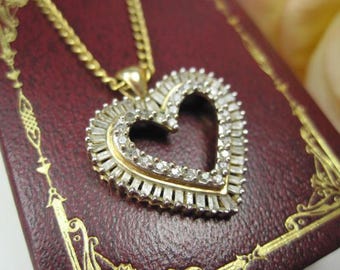Hart met diamanten - hanger en ketting van geelgoud, fijne vintage sieraden, TB380