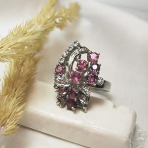 Art Deco silver ring with rubies & CZ, Vintage large cocktail silver ring, ruby, Size US 7, VS11