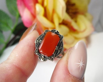 Victorian Red Carnelian Silver Ring with Marcasite Accents, Size 5, TB102