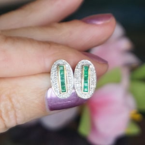 Vintage 9kt Gold Emerald & Diamond Earrings, 9k Yellow Gold,Diamond,Stud Earrings,Anniversary Gift, Wedding Birthday Gift for wife, mom, EM9