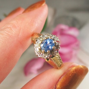 Vintage English solid gold ring & blue topaz and diamonds ring, blue topaz halo gold ring, Cocktail gold ring, vintage gift for wife, DT15