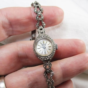 Vintage silver marcasite watch, Women silver wrist watch, SBS incablock Swiss mechanical movement watch 6.5 inch long, W21