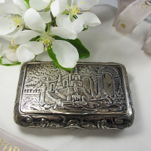 Silver Snuff Box Antique tobacco box, German silver snuff box, chased lid birds in a classical garden, 19th century niello snuff box, TLJ6