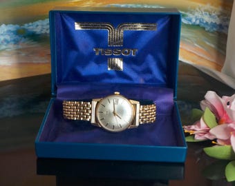 Vintage 9kt gouden herenpolshorloge Tissot Visodate met vergulde armband, Zwitsers mechanisch in werkende staat, W20